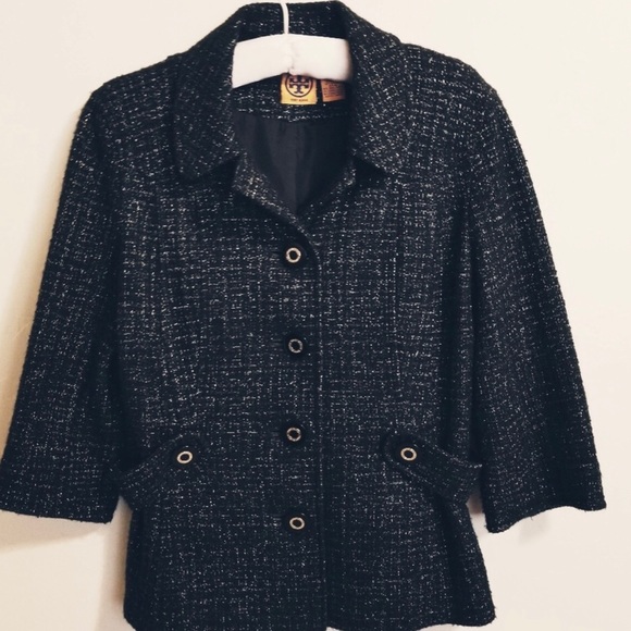 Tory Burch Jacket Black & Silver Metallic Tweed - Picture 2 of 5